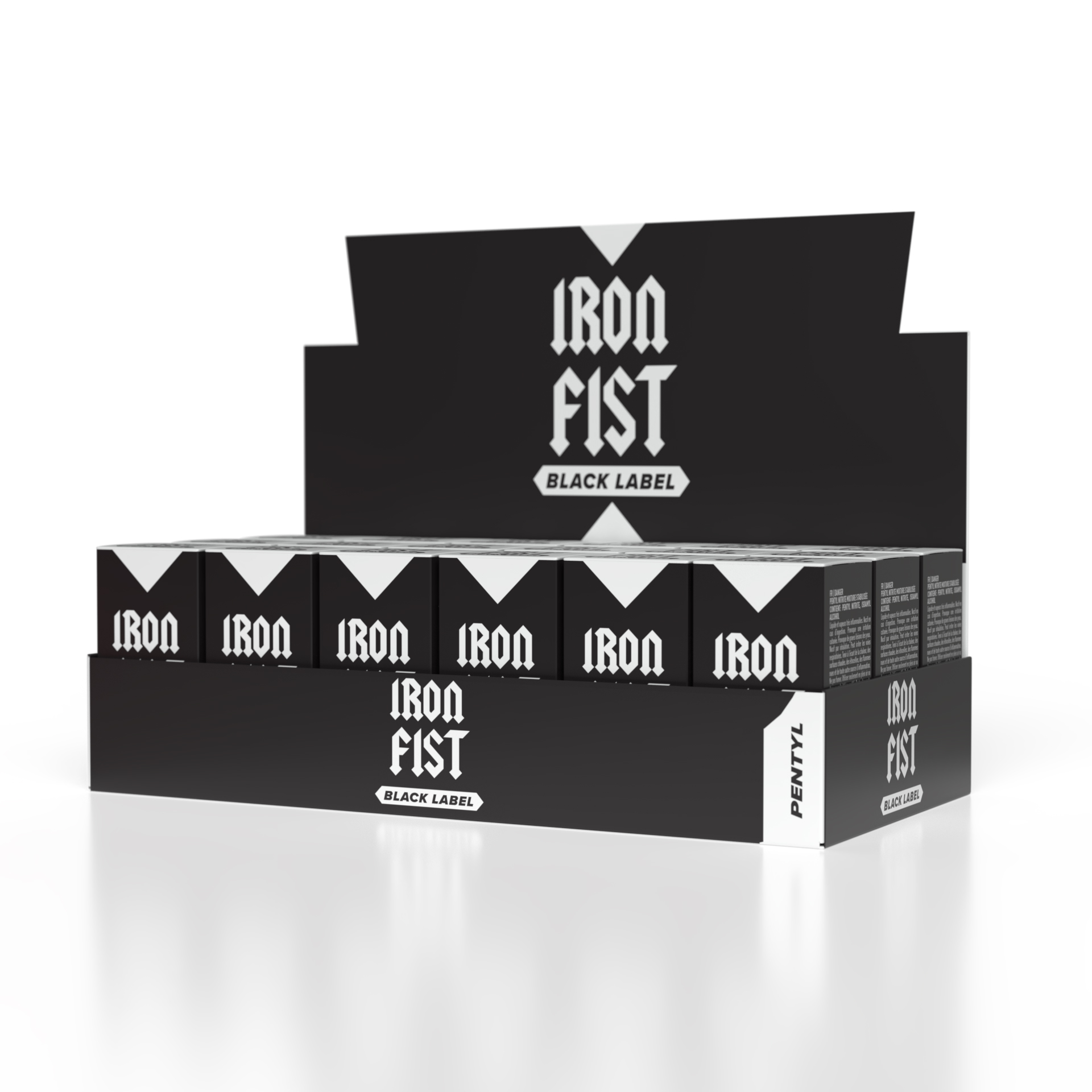 Expositor Iron Fist Black Label — bandeja 18 unidades