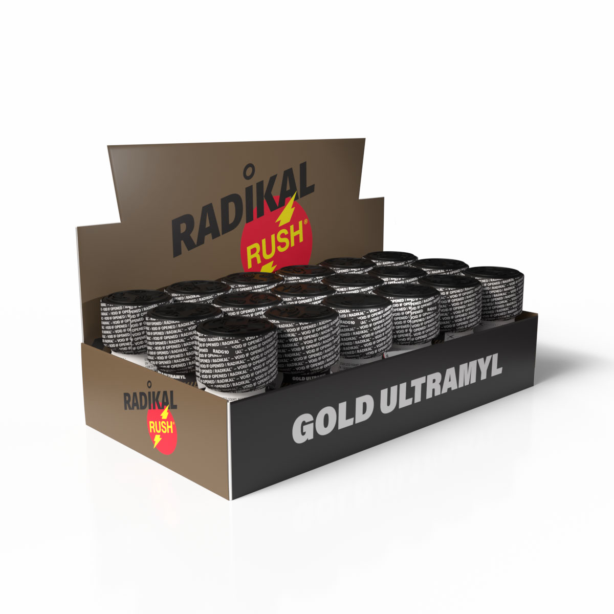 Expositor Radikal Rush Gold Ultramyl — bandeja 18 unidades